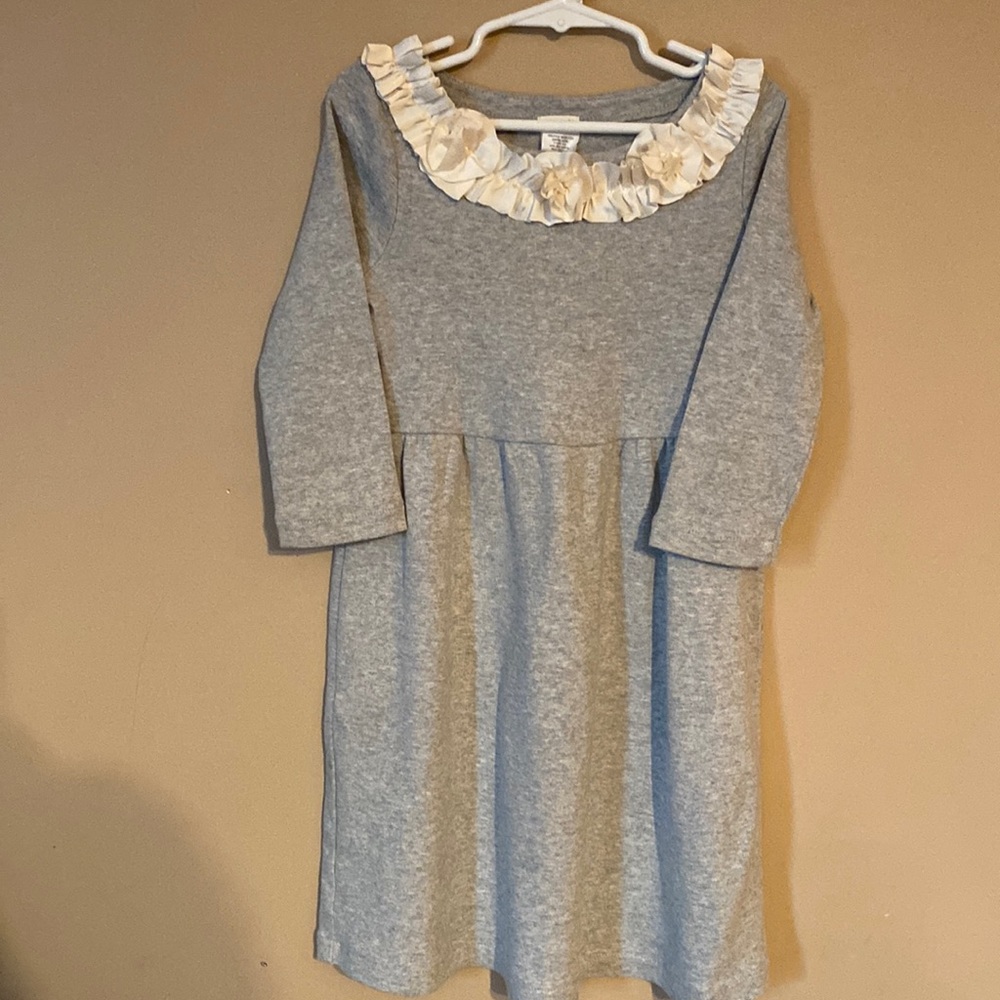 Crewcuts gray sweatshirt dress with cream rosettes on neckline.  Girls size 7